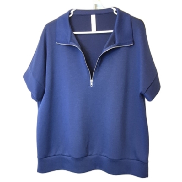 Dear Scarlett XL Blue Short Sleeve  Quarter Zip Collar Pullover Top - Picture 2 of 3
